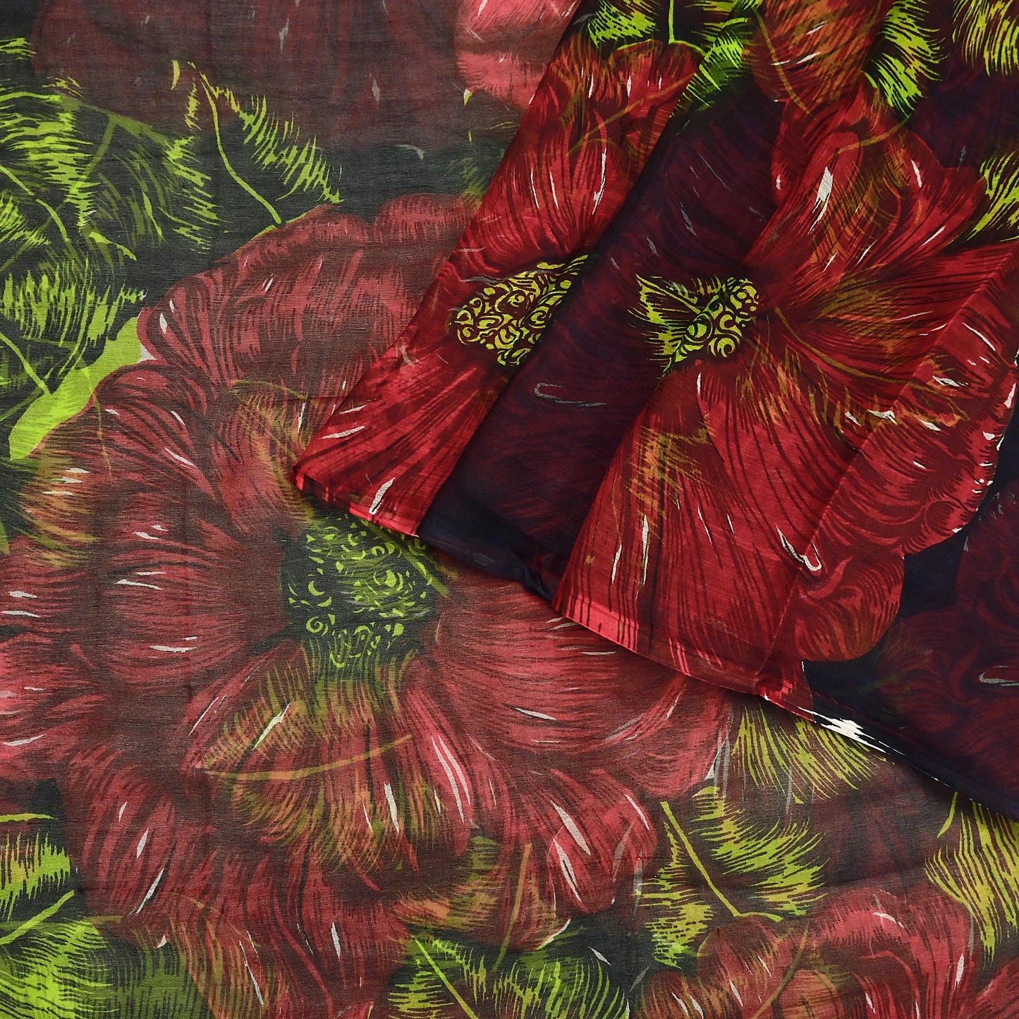 Indian Vintage Black & Red Pure Chiffon Silk Saree Printed Floral Design 5 Yards Sheer Soft Fabric for Sewing, Dressmaking,