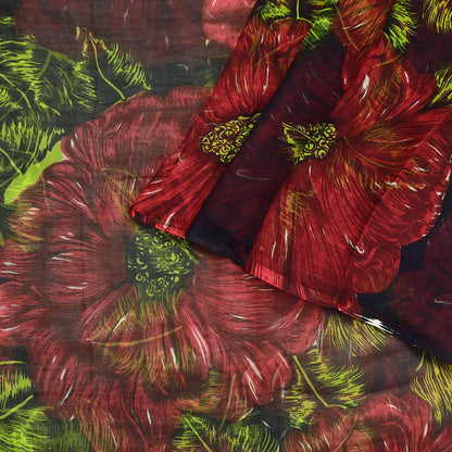 Indian Vintage Black & Red Pure Chiffon Silk Saree Printed Floral Design 5 Yards Sheer Soft Fabric for Sewing, Dressmaking,