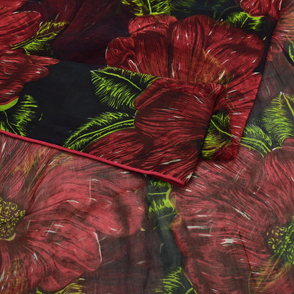Indian Vintage Black & Red Pure Chiffon Silk Saree Printed Floral Design 5 Yards Sheer Soft Fabric for Sewing, Dressmaking,