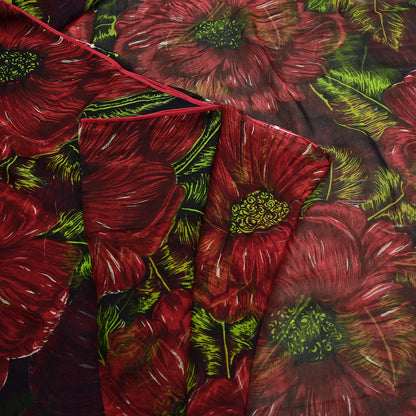 Indian Vintage Black & Red Pure Chiffon Silk Saree Printed Floral Design 5 Yards Sheer Soft Fabric for Sewing, Dressmaking,