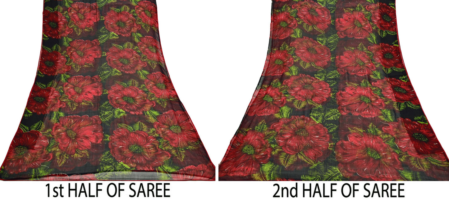 Indian Vintage Black & Red Pure Chiffon Silk Saree Printed Floral Design 5 Yards Sheer Soft Fabric for Sewing, Dressmaking,