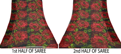Indian Vintage Black & Red Pure Chiffon Silk Saree Printed Floral Design 5 Yards Sheer Soft Fabric for Sewing, Dressmaking,