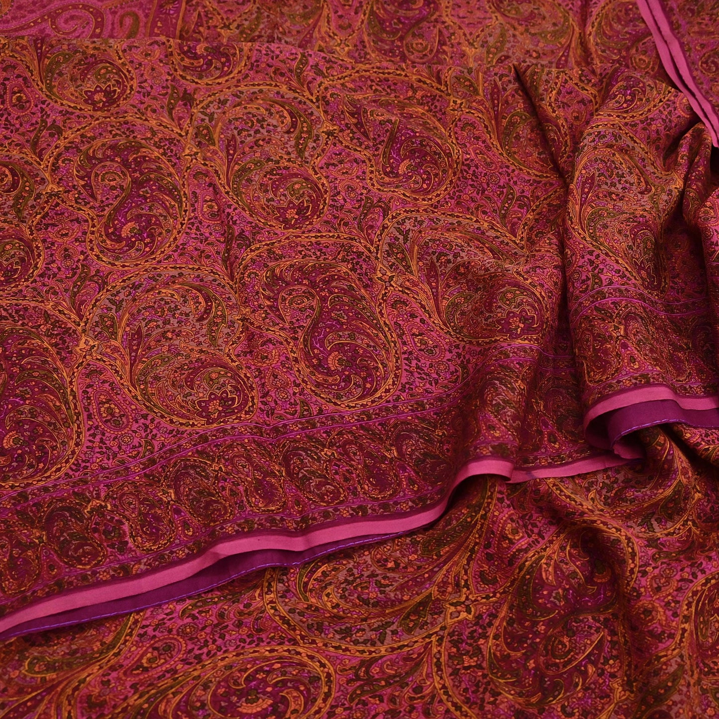 Indian Vintage Purple Pure Chiffon Silk Saree Printed Floral Design 5 Yards Sheer Soft Fabric for Sewing, Dressmaking,
