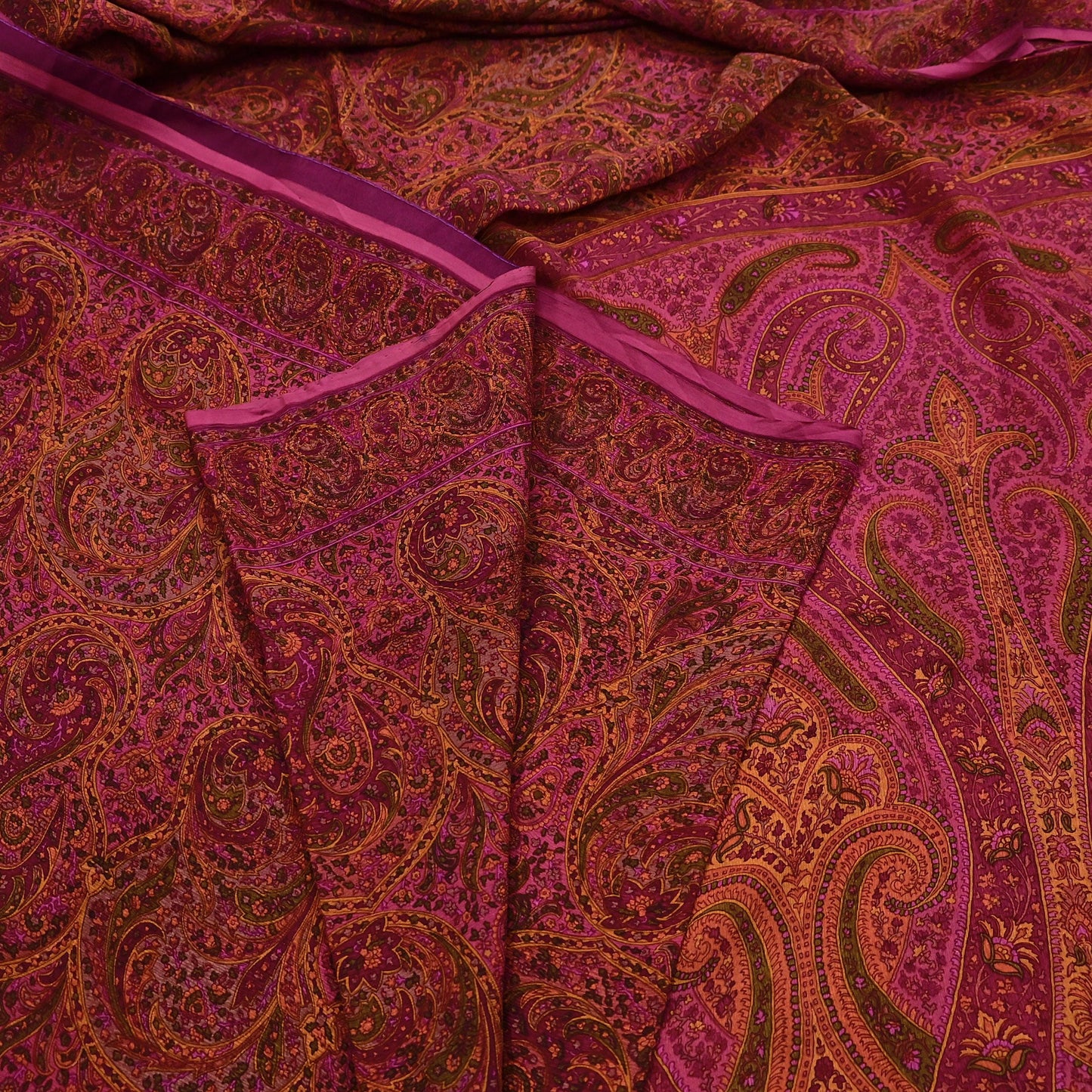 Indian Vintage Purple Pure Chiffon Silk Saree Printed Floral Design 5 Yards Sheer Soft Fabric for Sewing, Dressmaking,