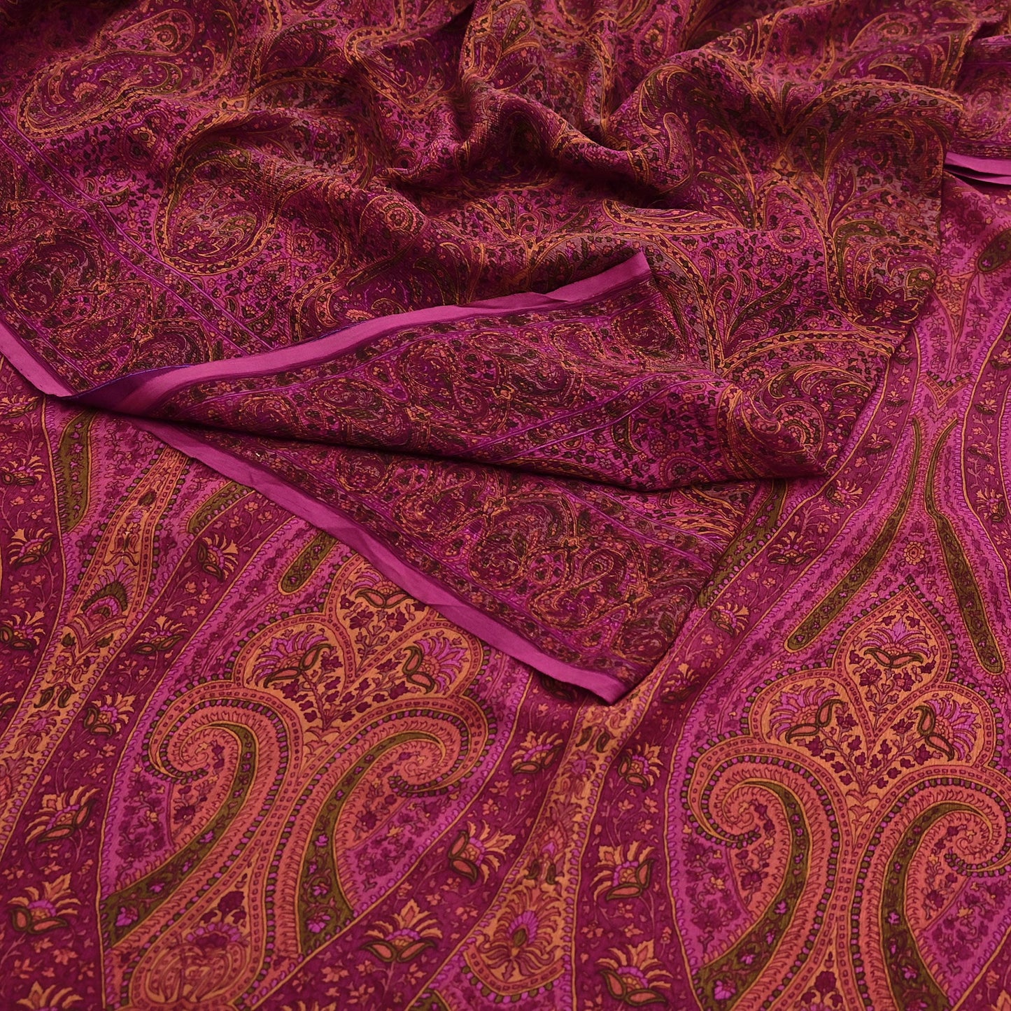 Indian Vintage Purple Pure Chiffon Silk Saree Printed Floral Design 5 Yards Sheer Soft Fabric for Sewing, Dressmaking,