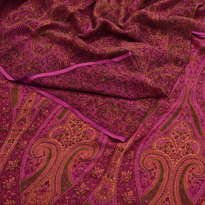 Indian Vintage Purple Pure Chiffon Silk Saree Printed Floral Design 5 Yards Sheer Soft Fabric for Sewing, Dressmaking,