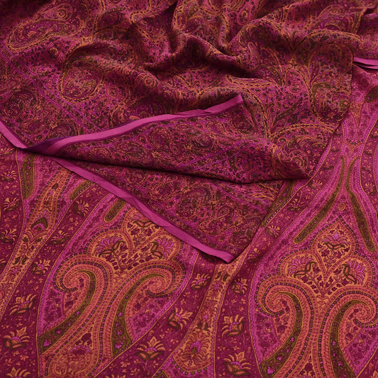 Indian Vintage Purple Pure Chiffon Silk Saree Printed Floral Design 5 Yards Sheer Soft Fabric for Sewing, Dressmaking,