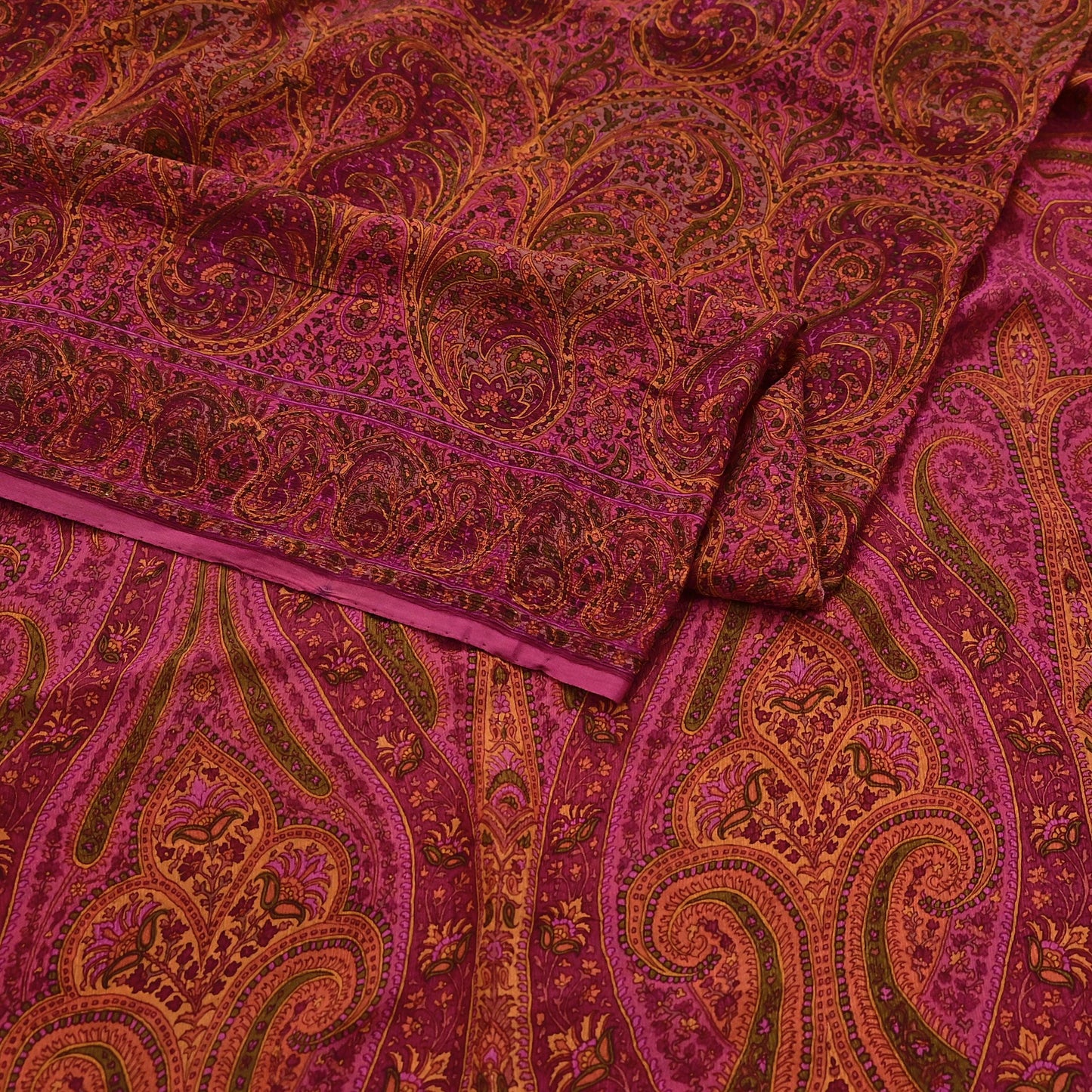 Indian Vintage Purple Pure Chiffon Silk Saree Printed Floral Design 5 Yards Sheer Soft Fabric for Sewing, Dressmaking,