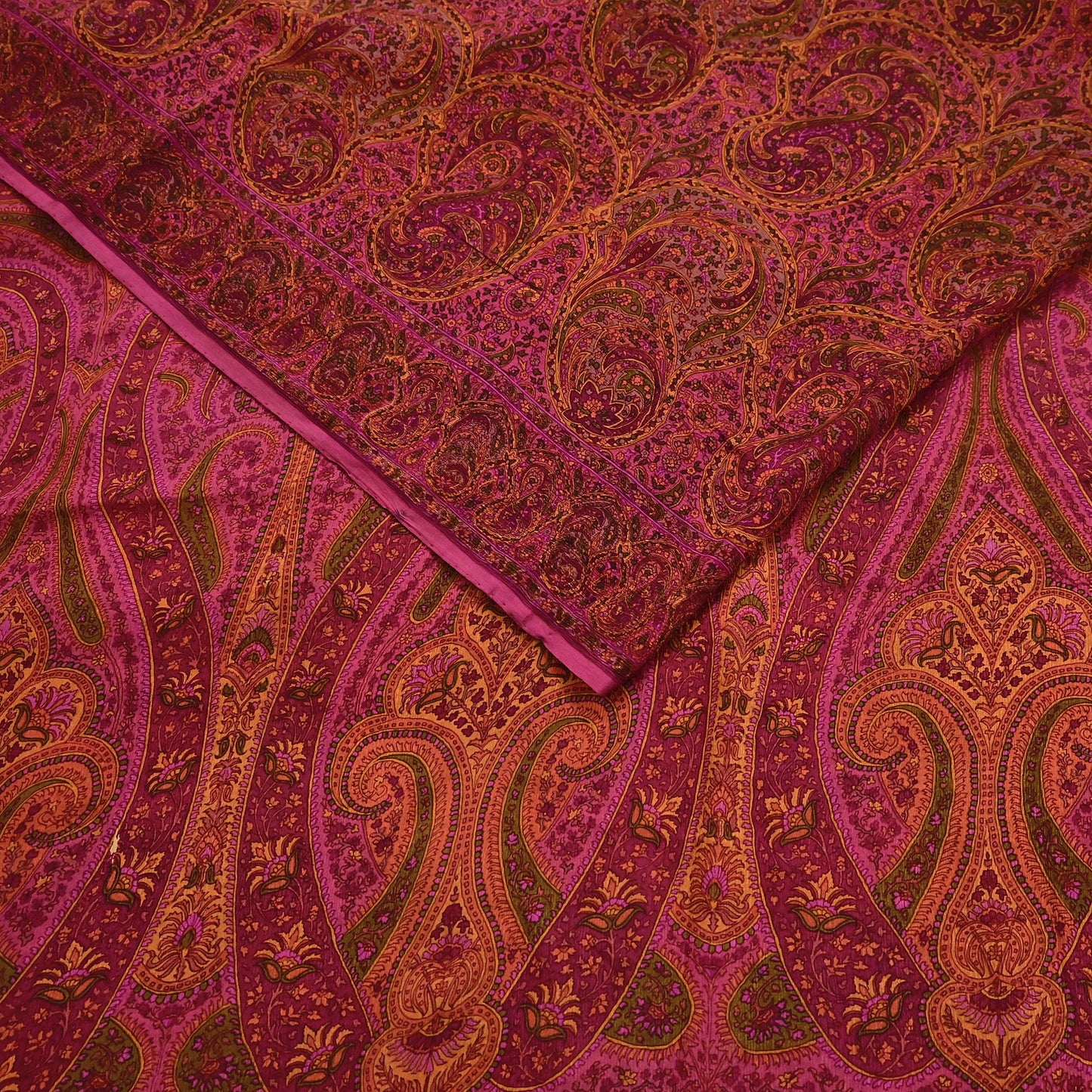Indian Vintage Purple Pure Chiffon Silk Saree Printed Floral Design 5 Yards Sheer Soft Fabric for Sewing, Dressmaking,