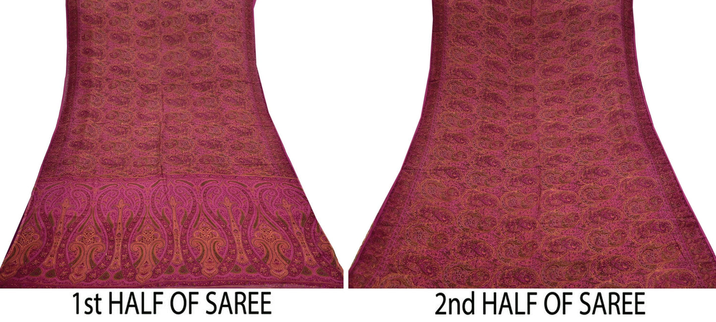 Indian Vintage Purple Pure Chiffon Silk Saree Printed Floral Design 5 Yards Sheer Soft Fabric for Sewing, Dressmaking,