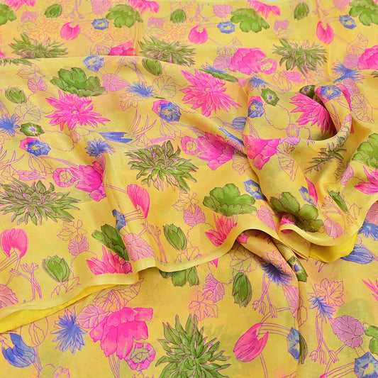 Indian Vintage Sari Yellow Pure Silk Printed Saree 6yd Sewing Craft Fabric DressMaking Soft