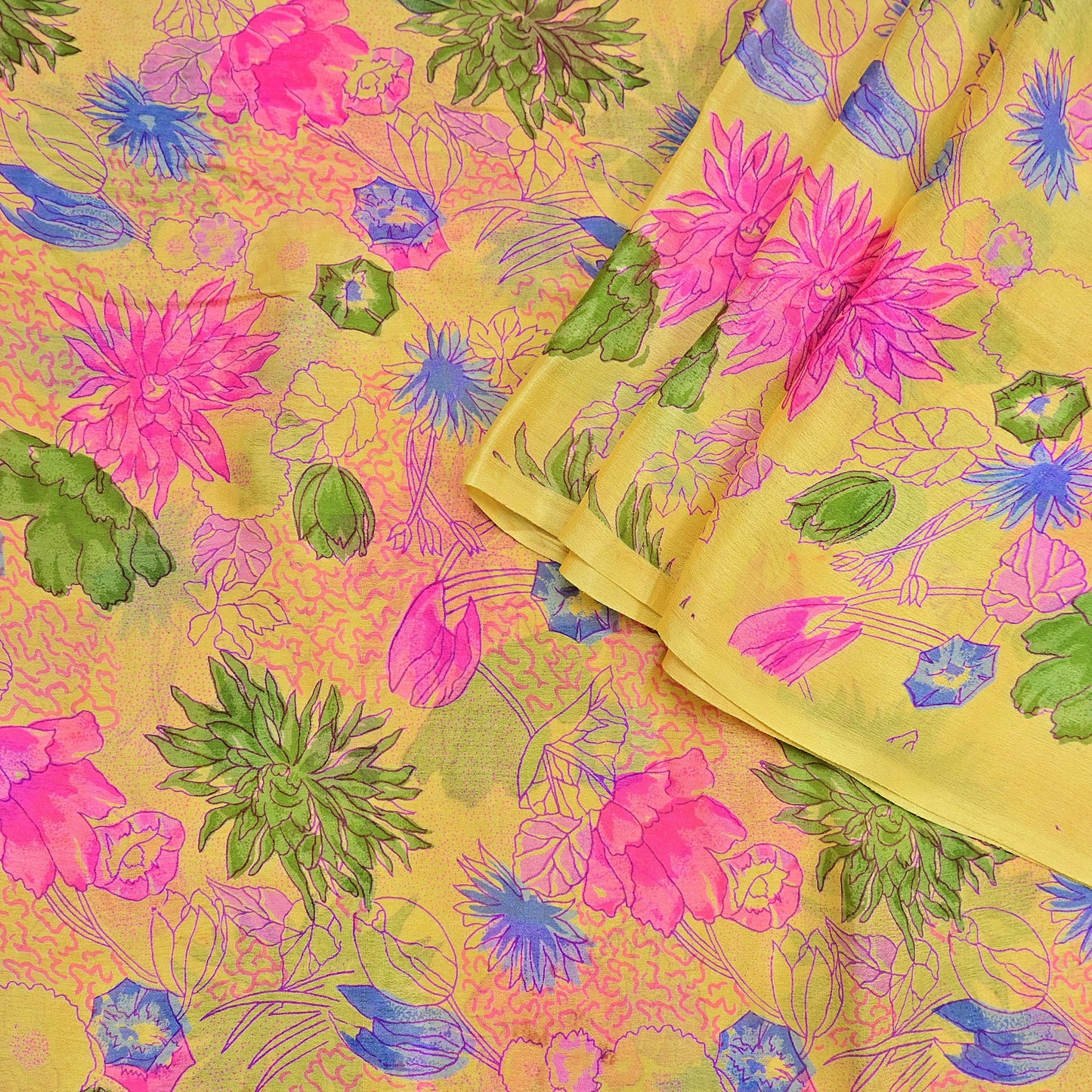 Indian Vintage Sari Yellow Pure Silk Printed Saree 6yd Sewing Craft Fabric DressMaking Soft
