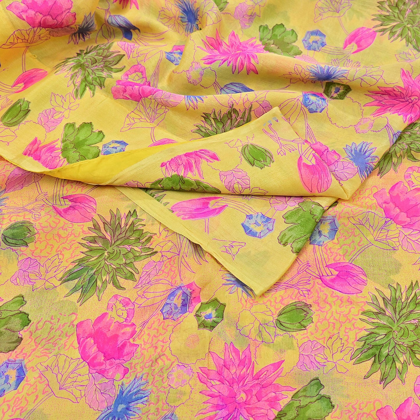 Indian Vintage Sari Yellow Pure Silk Printed Saree 6yd Sewing Craft Fabric DressMaking Soft