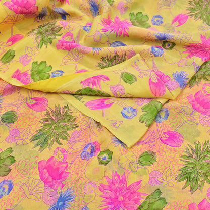Indian Vintage Sari Yellow Pure Silk Printed Saree 6yd Sewing Craft Fabric DressMaking Soft
