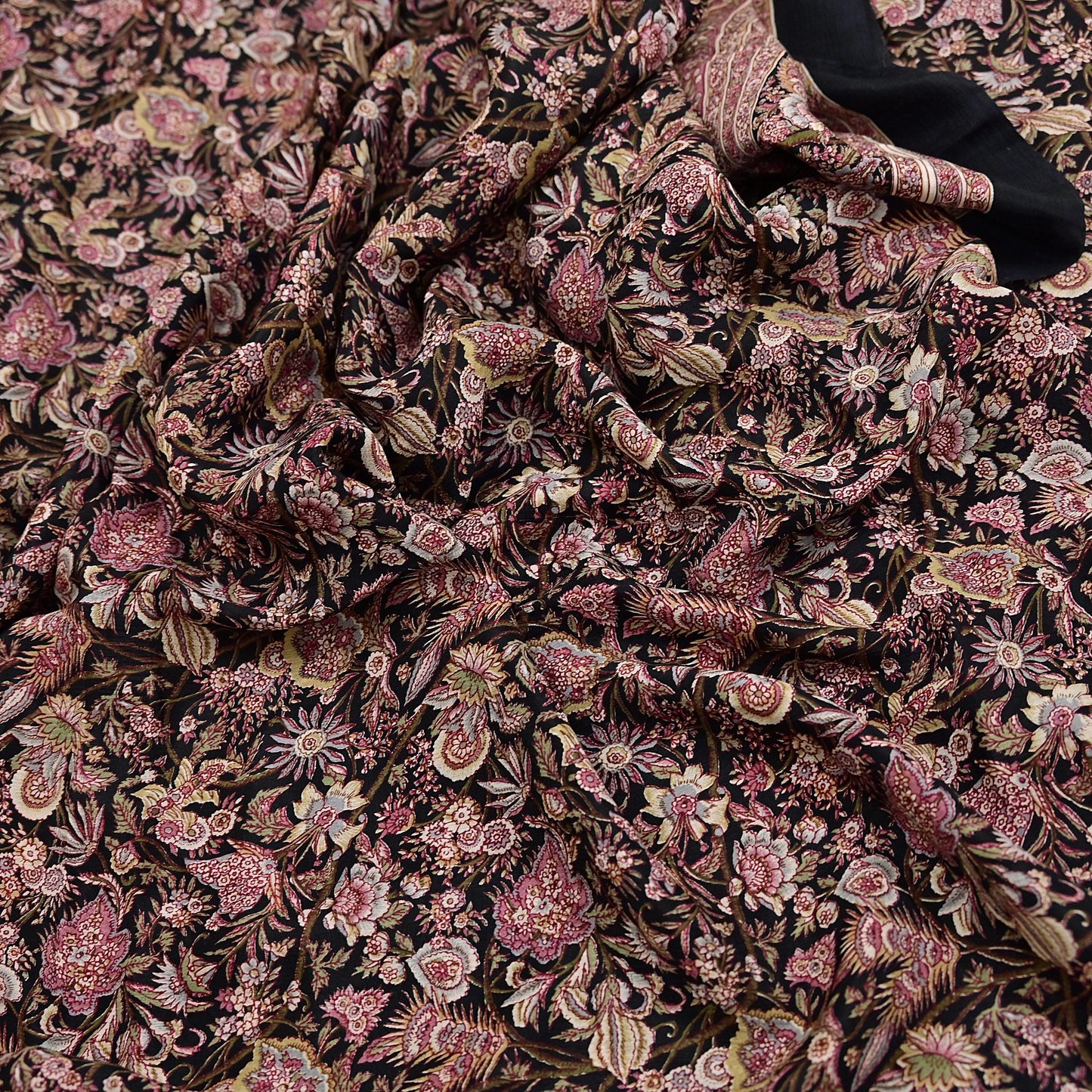 Vintage Sari Black Pure Silk Printed Saree Craft Fabric 6yard Sewing Floral Soft Dress Designing for Crafting Upcycle Quilting