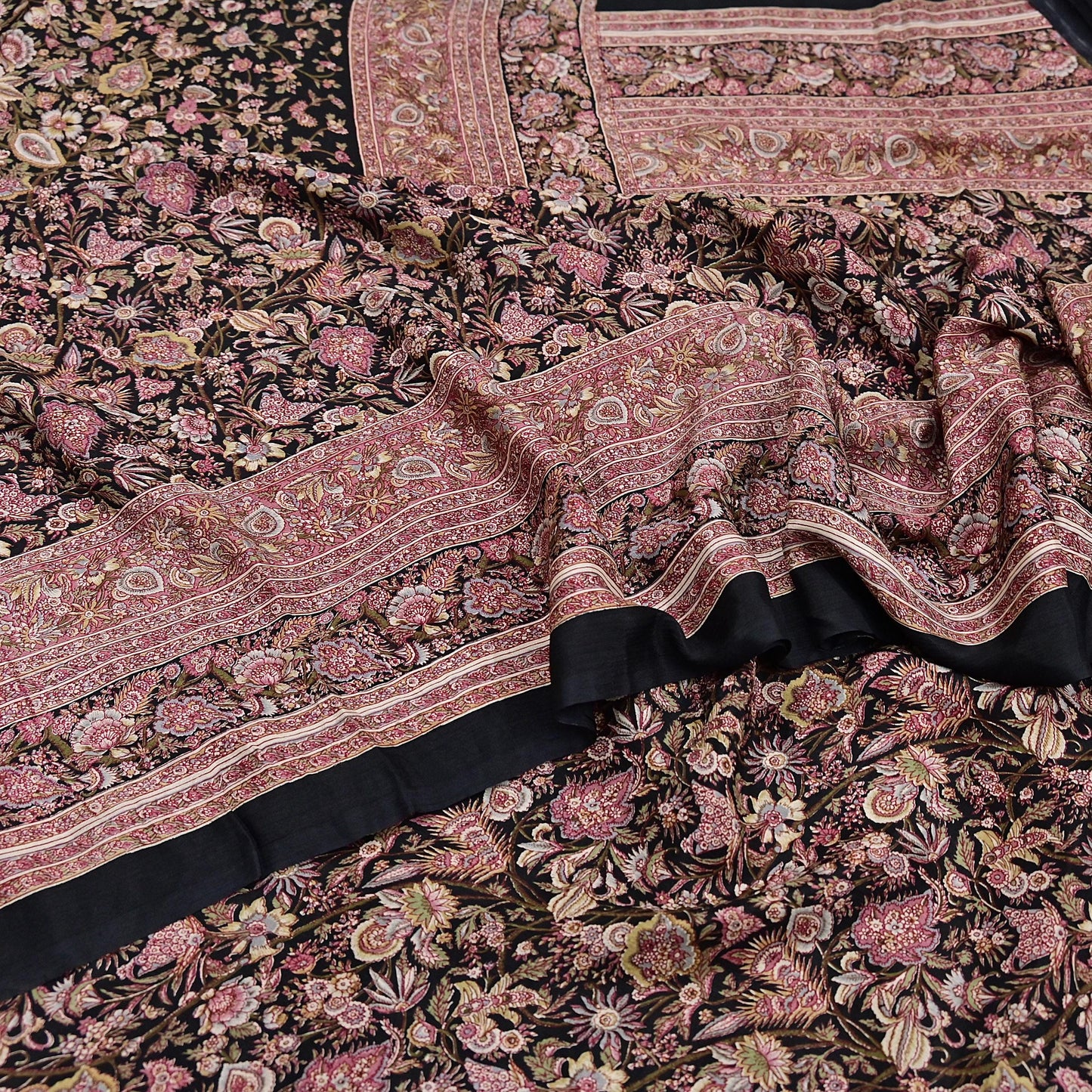 Vintage Sari Black Pure Silk Printed Saree Craft Fabric 6yard Sewing Floral Soft Dress Designing for Crafting Upcycle Quilting