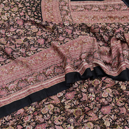 Vintage Sari Black Pure Silk Printed Saree Craft Fabric 6yard Sewing Floral Soft Dress Designing for Crafting Upcycle Quilting