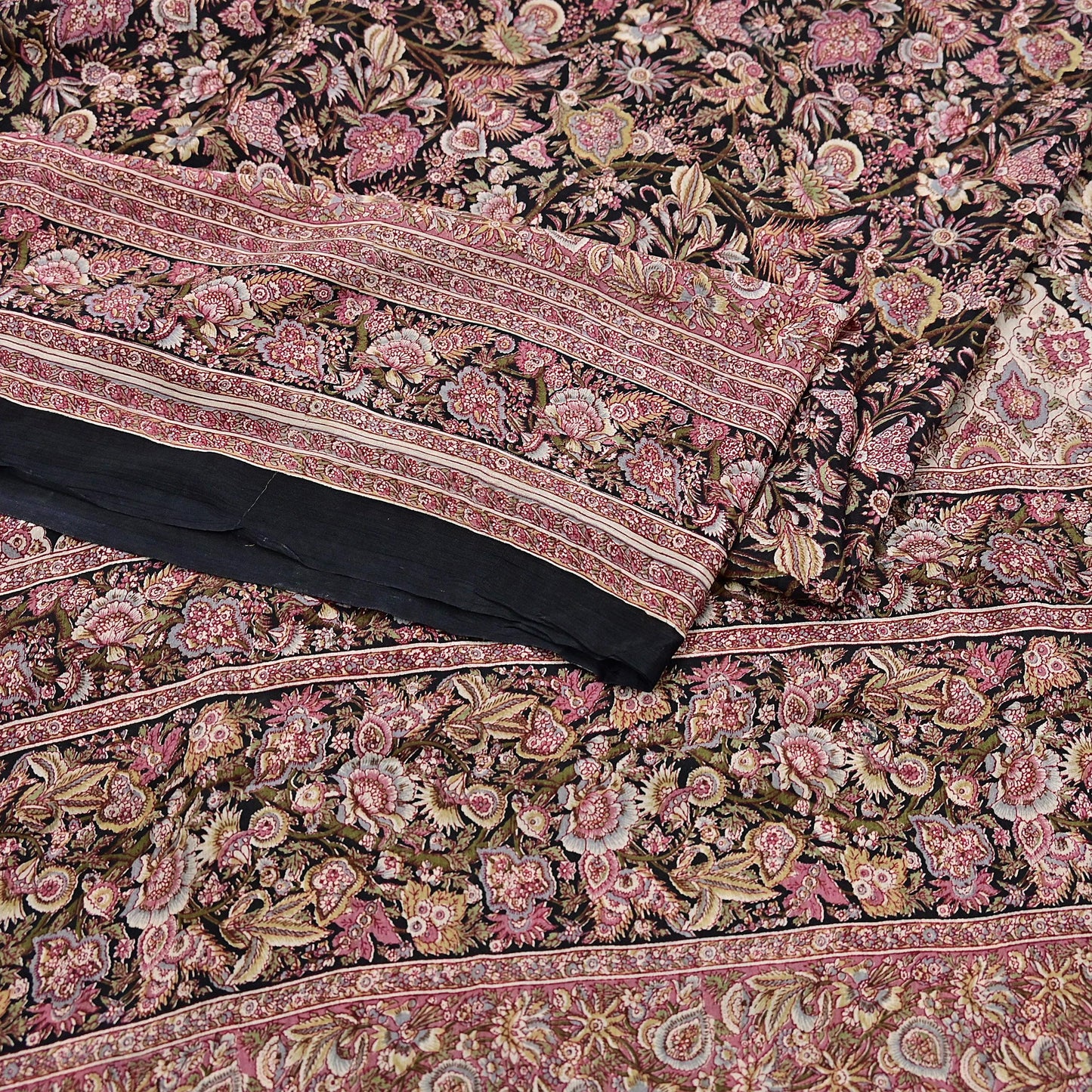 Vintage Sari Black Pure Silk Printed Saree Craft Fabric 6yard Sewing Floral Soft Dress Designing for Crafting Upcycle Quilting