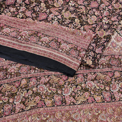 Vintage Sari Black Pure Silk Printed Saree Craft Fabric 6yard Sewing Floral Soft Dress Designing for Crafting Upcycle Quilting