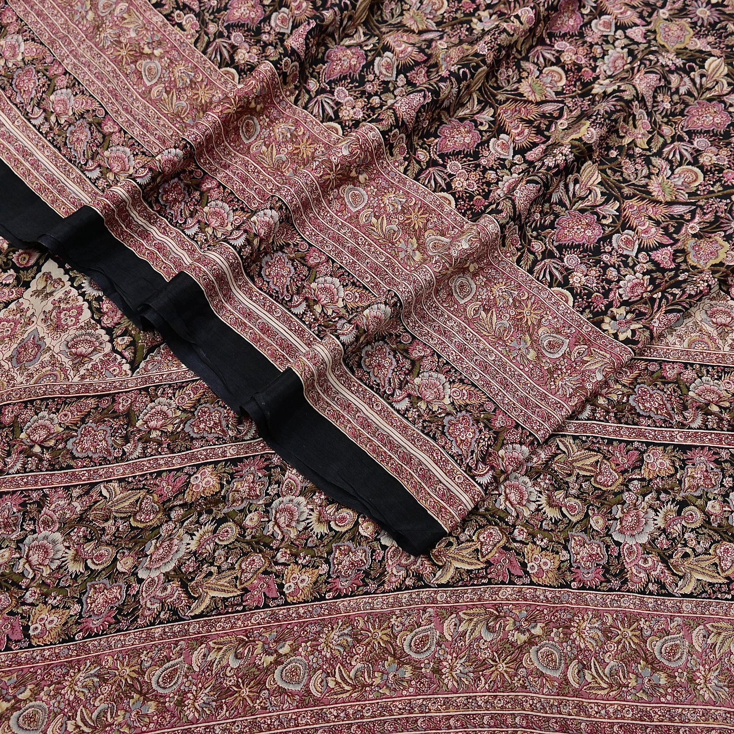 Vintage Sari Black Pure Silk Printed Saree Craft Fabric 6yard Sewing Floral Soft Dress Designing for Crafting Upcycle Quilting