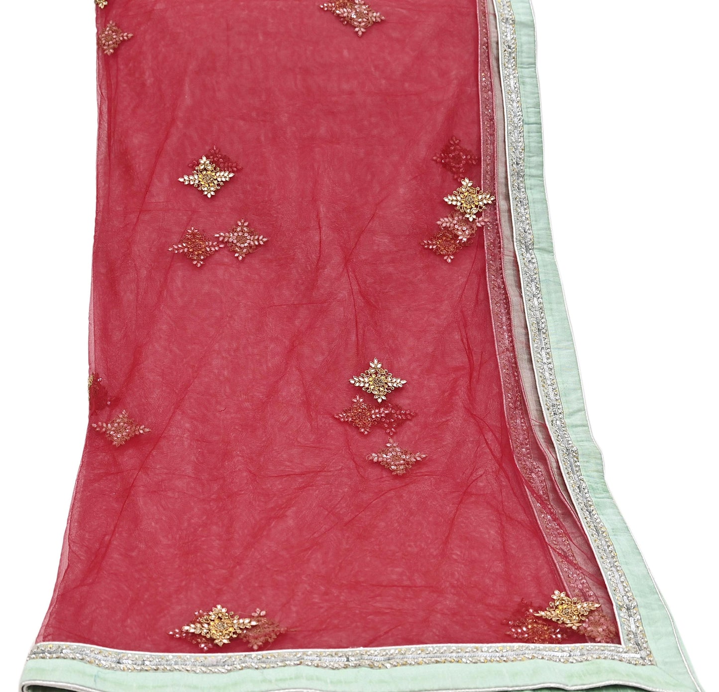 Indian Vintage Red & Green Pure Georgette Silk Net/Mesh Hand Embroidered Lehenga 2pcs Set Bridal Party Wear Dupatta Bollywood Lehenga