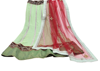 Indian Vintage Red & Green Pure Georgette Silk Net/Mesh Hand Embroidered Lehenga 2pcs Set Bridal Party Wear Dupatta Bollywood Lehenga