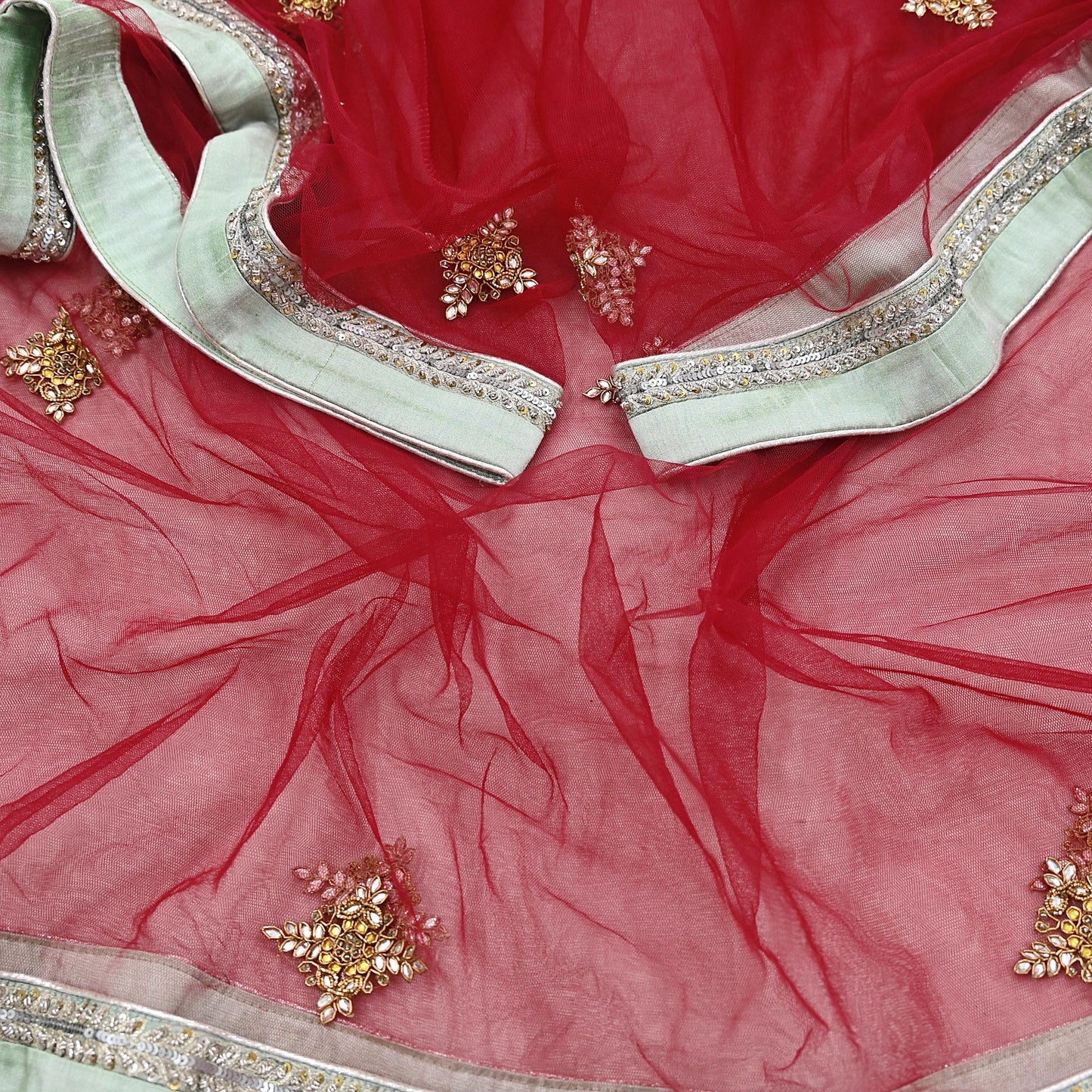 Indian Vintage Red & Green Pure Georgette Silk Net/Mesh Hand Embroidered Lehenga 2pcs Set Bridal Party Wear Dupatta Bollywood Lehenga