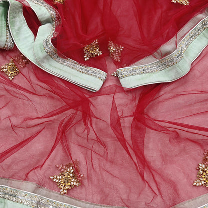 Indian Vintage Red & Green Pure Georgette Silk Net/Mesh Hand Embroidered Lehenga 2pcs Set Bridal Party Wear Dupatta Bollywood Lehenga