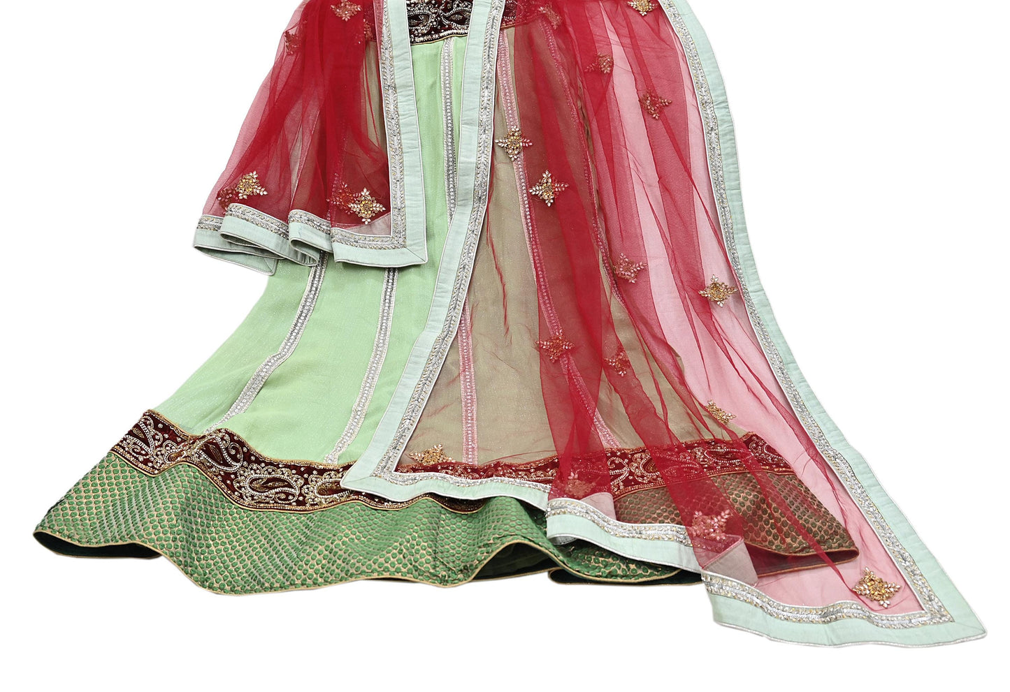 Indian Vintage Red & Green Pure Georgette Silk Net/Mesh Hand Embroidered Lehenga 2pcs Set Bridal Party Wear Dupatta Bollywood Lehenga