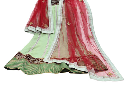 Indian Vintage Red & Green Pure Georgette Silk Net/Mesh Hand Embroidered Lehenga 2pcs Set Bridal Party Wear Dupatta Bollywood Lehenga