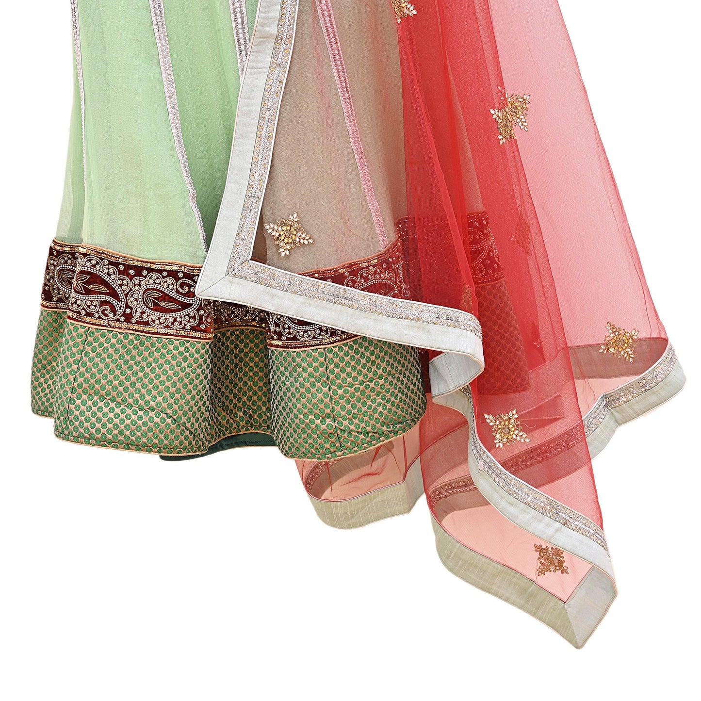 Indian Vintage Red & Green Pure Georgette Silk Net/Mesh Hand Embroidered Lehenga 2pcs Set Bridal Party Wear Dupatta Bollywood Lehenga