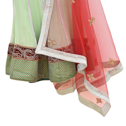 Indian Vintage Red & Green Pure Georgette Silk Net/Mesh Hand Embroidered Lehenga 2pcs Set Bridal Party Wear Dupatta Bollywood Lehenga