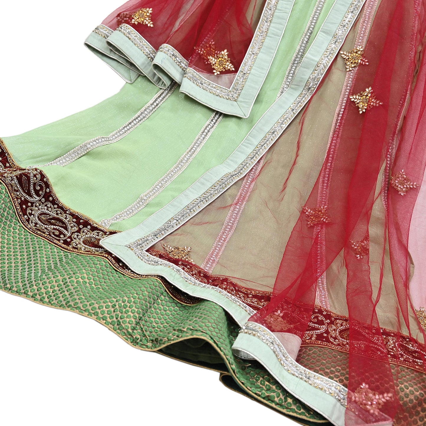 Indian Vintage Red & Green Pure Georgette Silk Net/Mesh Hand Embroidered Lehenga 2pcs Set Bridal Party Wear Dupatta Bollywood Lehenga