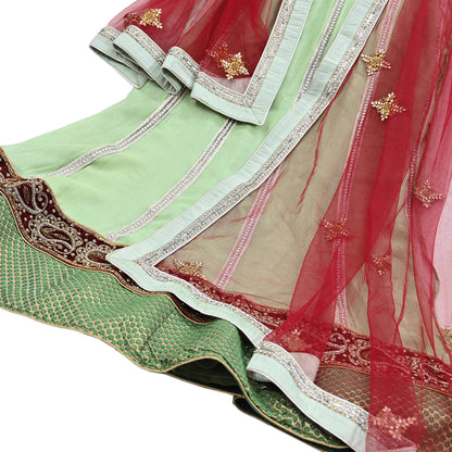 Indian Vintage Red & Green Pure Georgette Silk Net/Mesh Hand Embroidered Lehenga 2pcs Set Bridal Party Wear Dupatta Bollywood Lehenga