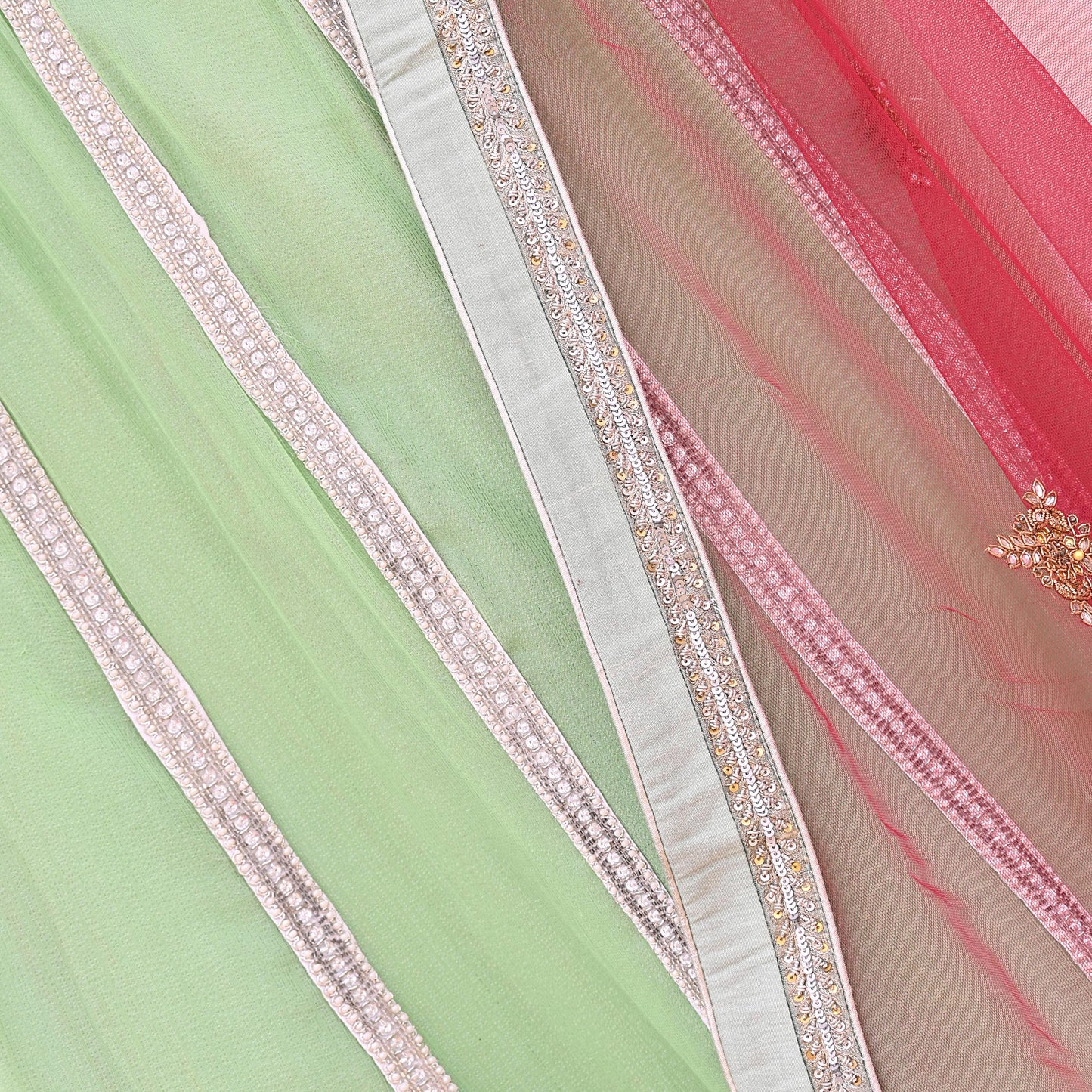 Indian Vintage Red & Green Pure Georgette Silk Net/Mesh Hand Embroidered Lehenga 2pcs Set Bridal Party Wear Dupatta Bollywood Lehenga