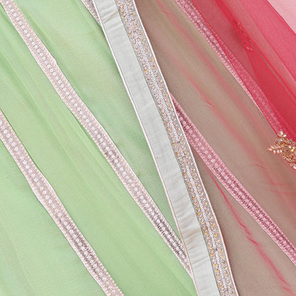 Indian Vintage Red & Green Pure Georgette Silk Net/Mesh Hand Embroidered Lehenga 2pcs Set Bridal Party Wear Dupatta Bollywood Lehenga
