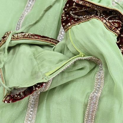 Indian Vintage Red & Green Pure Georgette Silk Net/Mesh Hand Embroidered Lehenga 2pcs Set Bridal Party Wear Dupatta Bollywood Lehenga