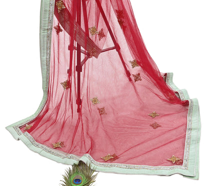 Indian Vintage Heavy Bridal Dupatta Red Net Mesh Long Stole Hand Embroidered Scarves  Patti Wedding/Party Wear