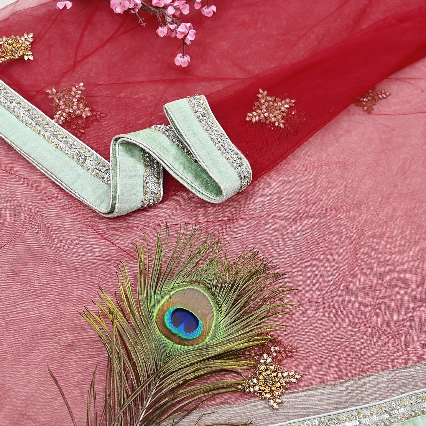 Indian Vintage Heavy Bridal Dupatta Red Net Mesh Long Stole Hand Embroidered Scarves  Patti Wedding/Party Wear