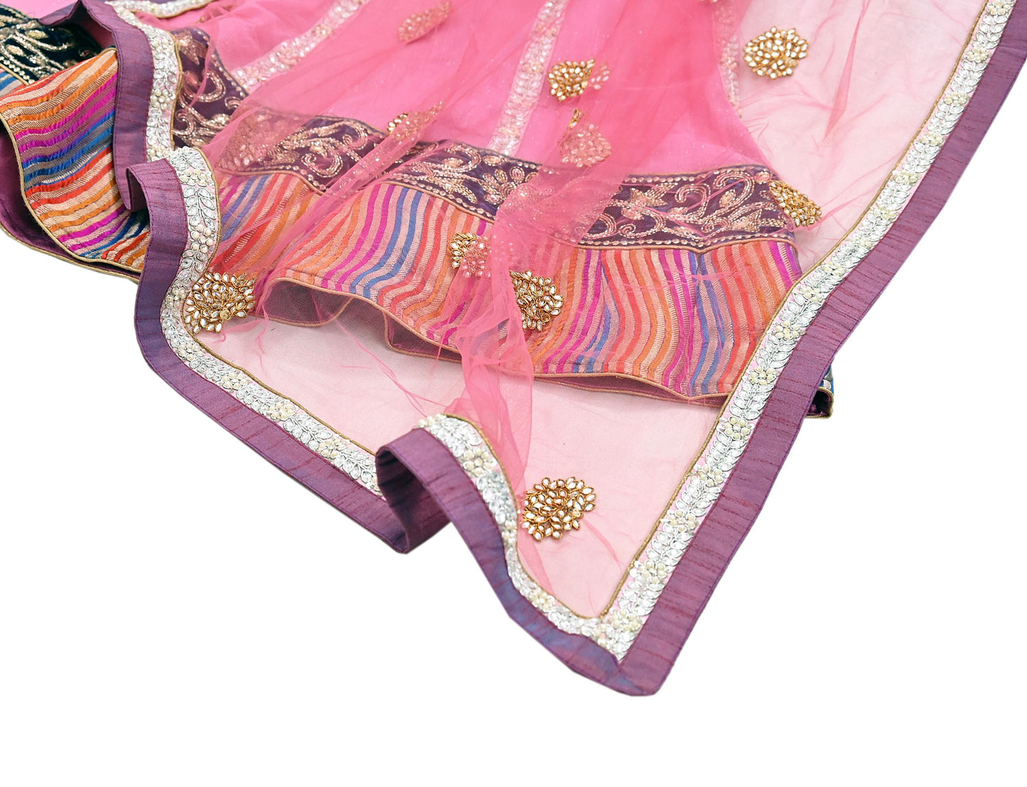 Indian Vintage Pink Pure Georgette Silk Net/Mesh Hand Embroidered Lehenga 2pcs Set Bridal Party Wear Dupatta Bollywood Lehenga