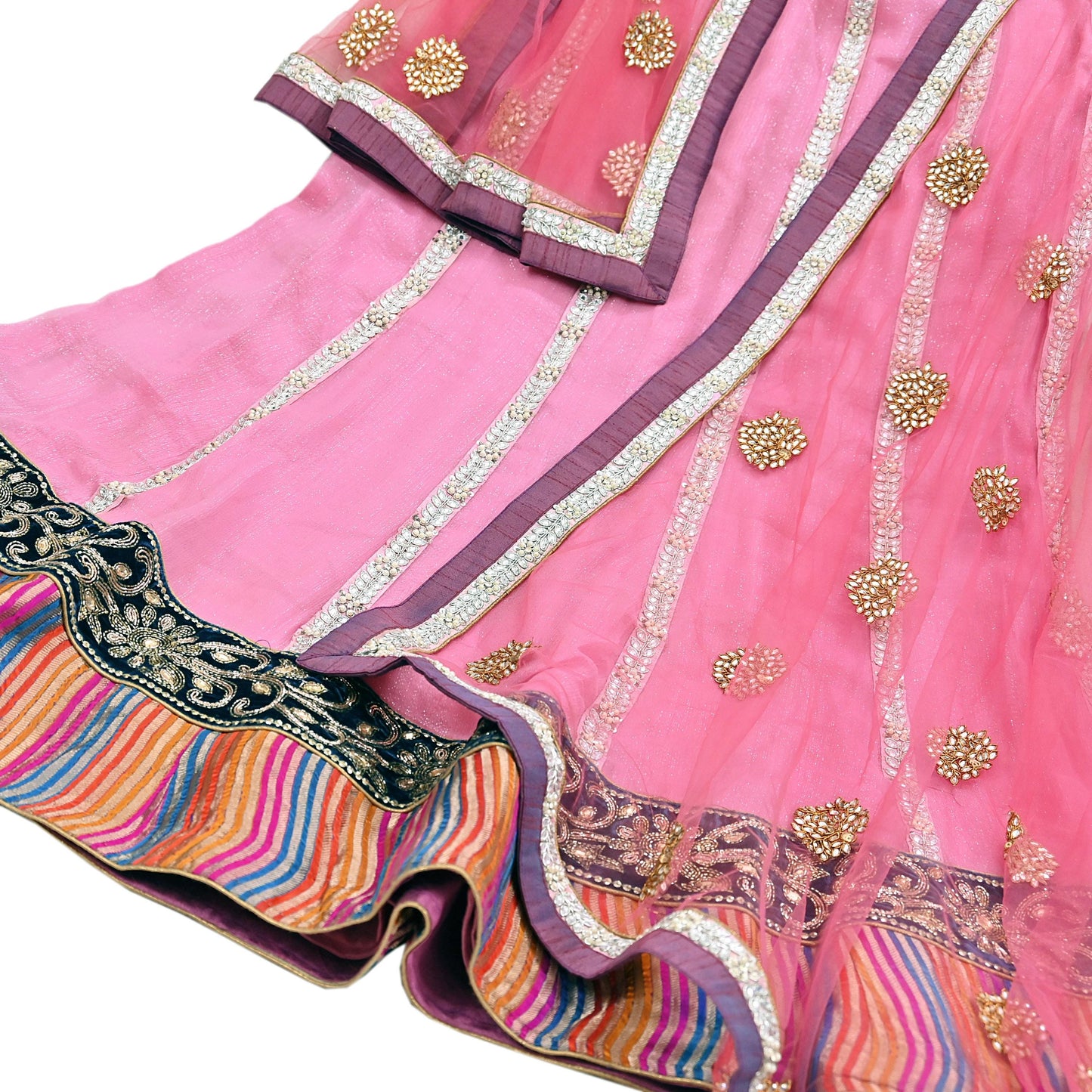 Indian Vintage Pink Pure Georgette Silk Net/Mesh Hand Embroidered Lehenga 2pcs Set Bridal Party Wear Dupatta Bollywood Lehenga