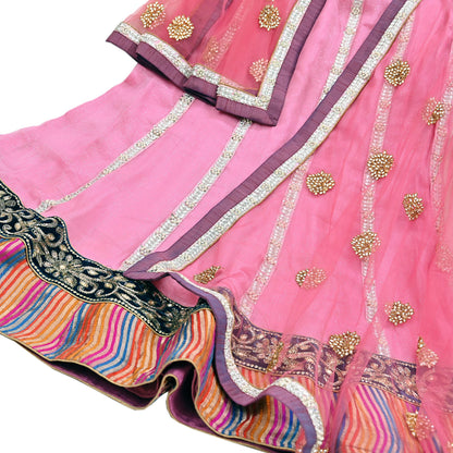 Indian Vintage Pink Pure Georgette Silk Net/Mesh Hand Embroidered Lehenga 2pcs Set Bridal Party Wear Dupatta Bollywood Lehenga