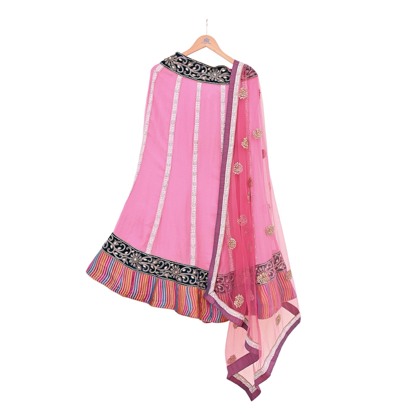 Indian Vintage Pink Pure Georgette Silk Net/Mesh Hand Embroidered Lehenga 2pcs Set Bridal Party Wear Dupatta Bollywood Lehenga
