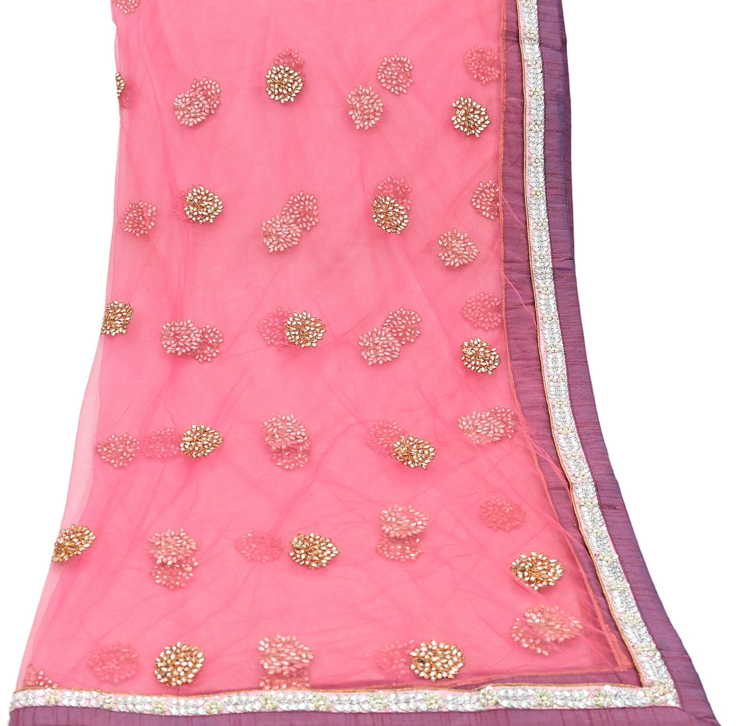 Indian Vintage Heavy Bridal Dupatta Pink Net Mesh Long Stole Hand Embroidered Scarves  Patti Wedding/Party Wear