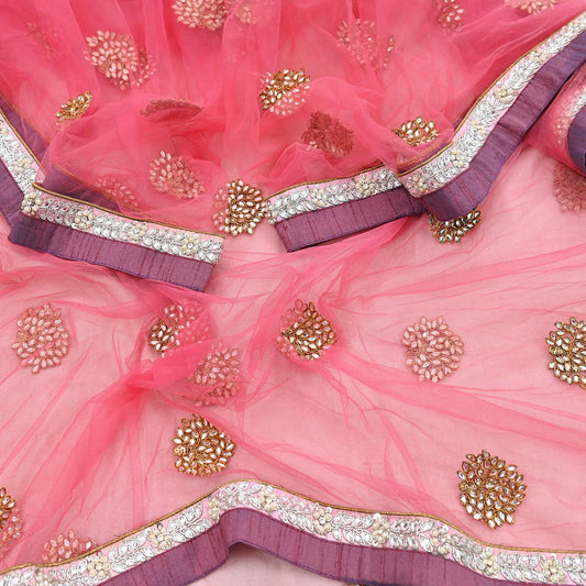 Indian Vintage Heavy Bridal Dupatta Pink Net Mesh Long Stole Hand Embroidered Scarves  Patti Wedding/Party Wear