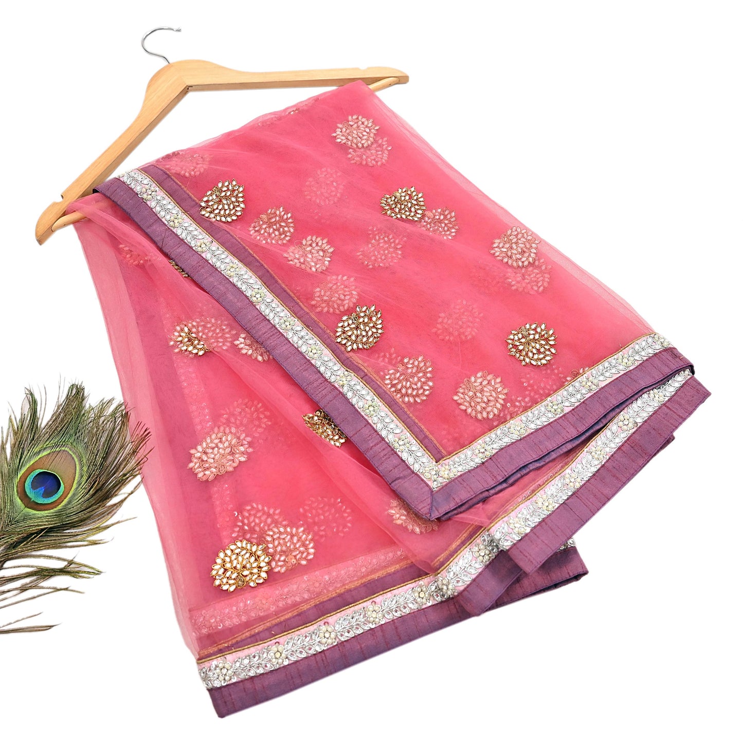 Indian Vintage Heavy Bridal Dupatta Pink Net Mesh Long Stole Hand Embroidered Scarves  Patti Wedding/Party Wear