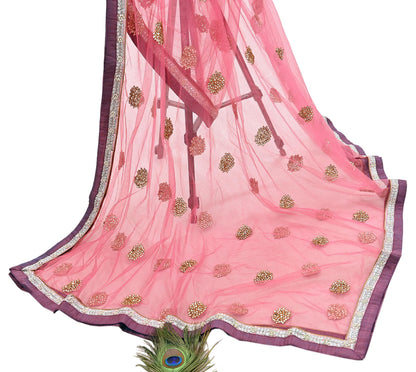 Indian Vintage Heavy Bridal Dupatta Pink Net Mesh Long Stole Hand Embroidered Scarves  Patti Wedding/Party Wear