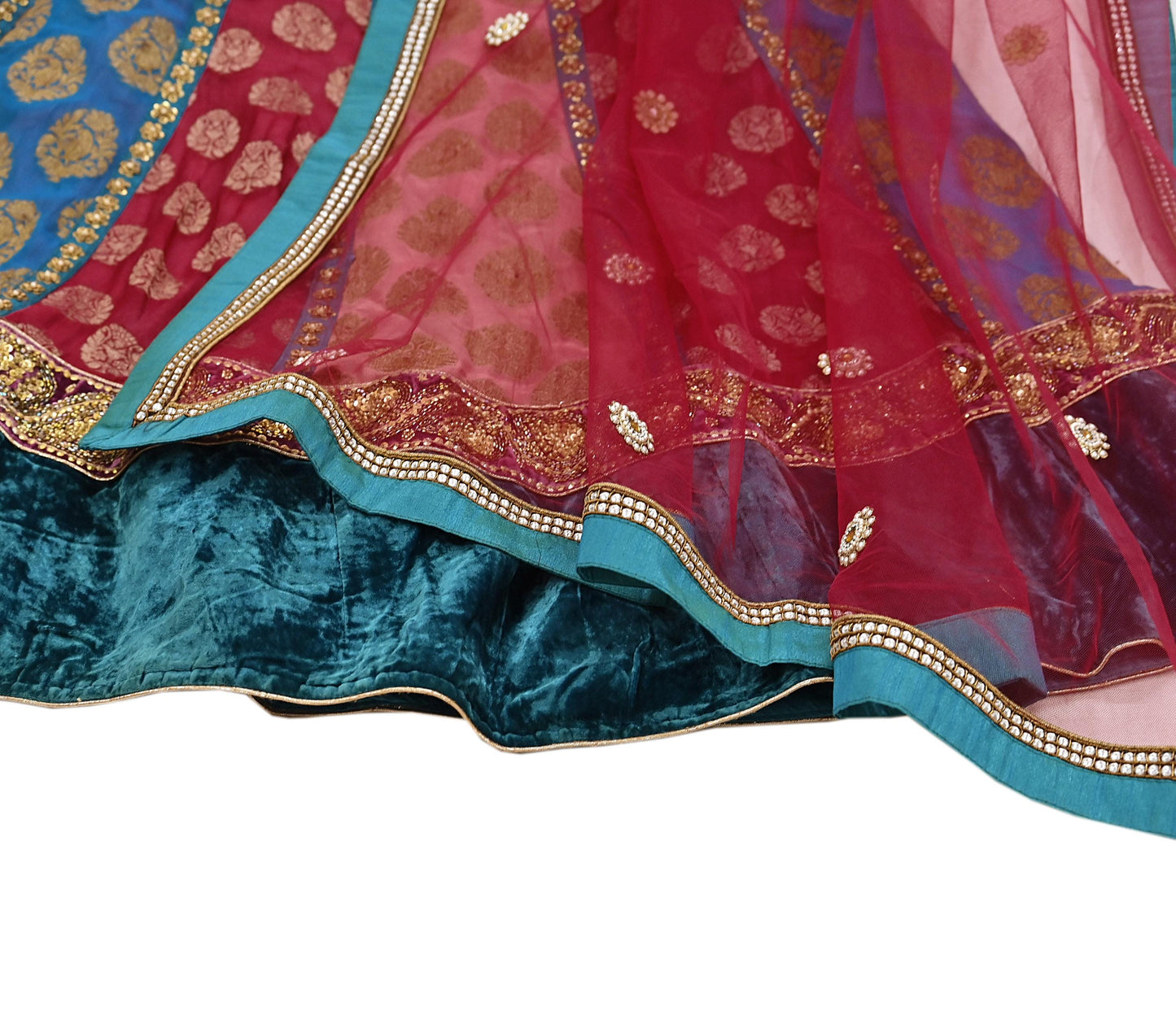 Indian Vintage Pure Georgette Silk Net/Mesh Hand Embroidered Lehenga 2pcs Set Bridal Party Wear Dupatta Bollywood Lehenga