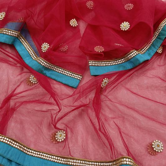 Indian Vintage Heavy Bridal Dupatta Red Net Mesh Long Stole Hand Embroidered Scarves  Patti Wedding/Party Wear