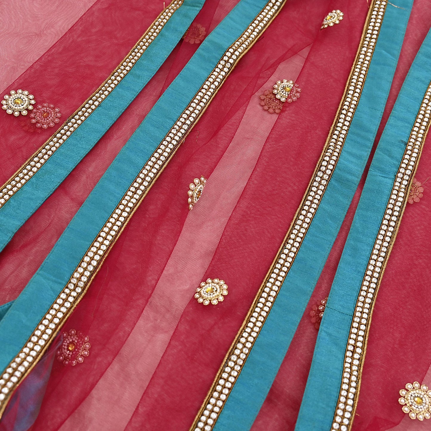 Indian Vintage Heavy Bridal Dupatta Red Net Mesh Long Stole Hand Embroidered Scarves  Patti Wedding/Party Wear